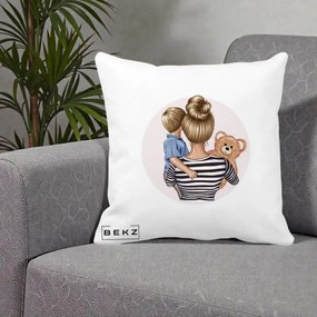 Cadou pentru Mama - Perna Personalizata Mama si Baietelul cu Ursulet, 40x40 cm, Alba Mata, Husa Detasabila, Perna Inclusa, BEKZ®