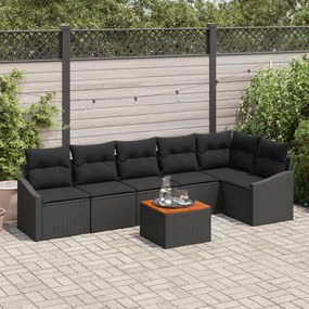 vidaXL Set de canapea de grădină din 7 piese, cu perne, din rattan negru lucios și lemn de acacia.