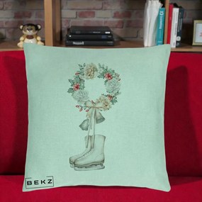 Perna Decorativa Patine cu Coroana Florala de Craciun, 40x40 cm, Verde Menta, Husa Detasabila, Perna Inclusa, BEKZ®