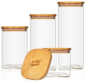 Recipient pătrat pentru păstrarea alimentelor cu capac din bambus, set de 4 bucăți, conține: 700 ml, 1200 ml, 1500 ml, 2000 ml
