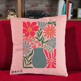Perna Decorativa Flori in Vaza Turcoaz, 40x40 cm, Roz, Husa Detasabila, Perna Inclusa, BEKZ®