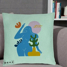 Perna Decorativa Femeie Albastra Cactus, 40x40 cm, Verde Menta, Husa Detasabila, Perna Inclusa, BEKZ®
