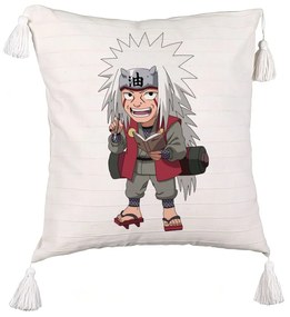 Perna Decorativa cu Franjuri cu Naruto Jiraiya, 45x45 cm, Ecru, Cu fermoar