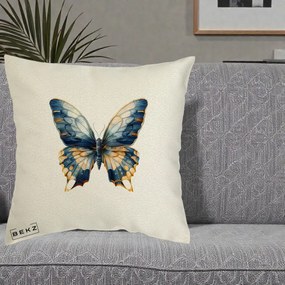 Perna Decorativa Fluture Albastru Auriu Elegant, 40x40 cm, Ecru, Husa Detasabila, Perna Inclusa, BEKZ®