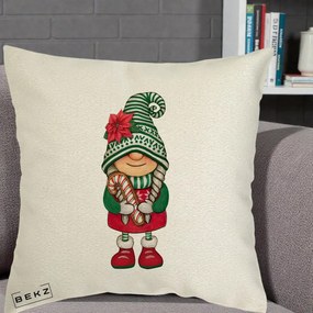 Perna Decorativa Gnom Craciun Verde cu Bomboane si Floare, 40x40 cm, Ecru, Husa Detasabila, Perna Inclusa, BEKZ®
