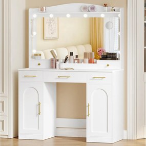 Masuta machiaj cu Oglinda LED si 5 Sertare pentru Cosmetice, Set Masa toaleta 108 cm, Alb, masuta cosmetica, vanity - SEA911