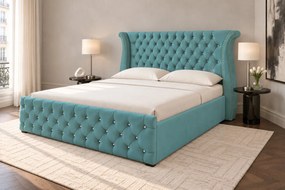 Pat tapițat din catifea Zafira 140×200 cm, verde marin, cu ladă de depozitare