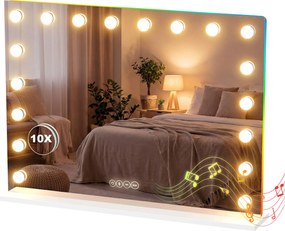 HOMCOM Oglindă Hollywood pentru machiaj cu 18 lămpi LED reglabile, 3 culori, lumină RGB, difuzor Bluetooth, mărire 10x Alb | Aosom Romania