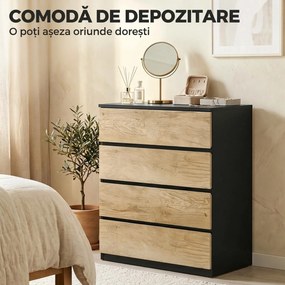 HOMCOM Comodă cu 4 Sertare din Lemn cu Șine Metalice și Mânere Frezate, 60x40x80 cm, Negru și Stejar | Aosom Romania