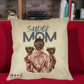 Cadou pentru Mama - Perna Personalizata Super Mom of Girls Mama cu Gemene, 40x40 cm, Crem, Husa Detasabila, Perna Inclusa, BEKZ®