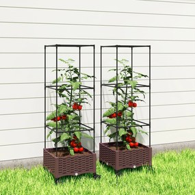 Outsunny Jardinieră Înălțată cu Spalier 20L, Pat de Grădină Înălțat pentru Exterior cu Roți Blocabile, Sistem de Autoirigare, Orificii de Drenaj pentru Plante Cățărătoare, Legume și Flori, Maro | Aosom Romania