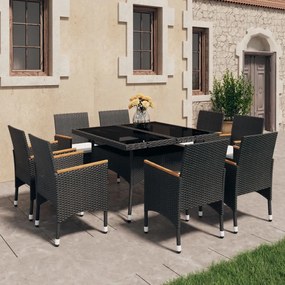 3095894 vidaXL Set mobilier grădină, 9 piese, negru, poliratan/sticlă tratată