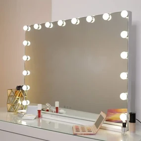 Oglindă cosmetică, sistem iluminare LED cu 3 culori, Senzor Tactil, Luminozitate Reglabilă, 18 becuri LED, Port de încărcare USB, Alb, 80x60 cm