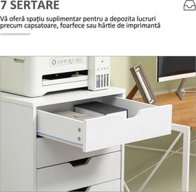 Vinsetto fișet de birou cu 7 sertare, roți cu frână, pentru documente Letter/A4/Legal, alb | Aosom Romania