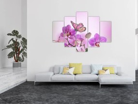 Tablou - Fluture pe flori de orhidee, liliac (150x105 cm)