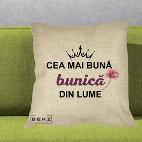 Cadou pentru Bunica - Perna Personalizata Cea Mai Buna Bunica Din Lume Coroana Mov Floare Roz, 40x40 cm, Crem, Husa Detasabila, Perna Inclusa, BEKZ®