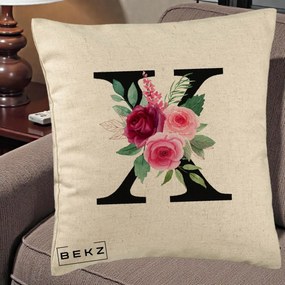 Cadou Personalizat - Perna Personalizata Monograma Florala Litera X cu Buchet, 40x40 cm, Bej, Husa Detasabila, Perna Inclusa, BEKZ®