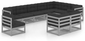 3076866 vidaXL Set mobilier grădină cu perne, 10 piese, gri, lemn masiv de pin