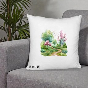 Perna Decorativa Gradina Primavara Acuarela, 40x40 cm, Alb Pufos, Husa Detasabila, Perna Inclusa, BEKZ®