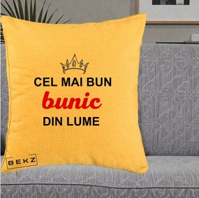 Cadou pentru Bunic - Perna Personalizata Cel Mai Bun Bunic Din Lume Coroana Rosu, 40x40 cm, Galben, Husa Detasabila, Perna Inclusa, BEKZ®