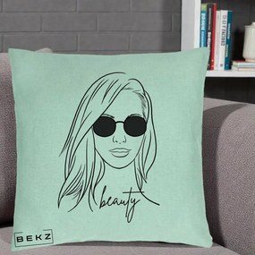 Perna Decorativa Beauty Girl Line Art, 40x40 cm, Verde Menta, Husa Detasabila, Perna Inclusa, BEKZ®