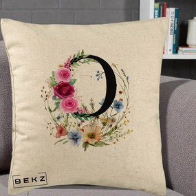 Cadou Personalizat - Perna Personalizata Monogram Litera O cu Flori Acuarela, 40x40 cm, Bej, Husa Detasabila, Perna Inclusa, BEKZ®