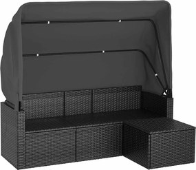 vidaXL Canapea grădină 3 locuri cu acoperiș și taburet negru poliratan