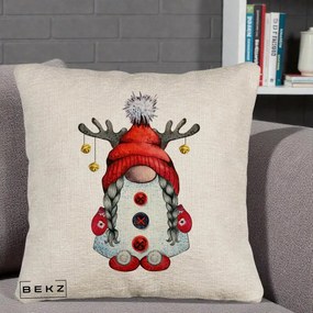 Perna Decorativa Pitic Gnom Craciun cu Coarne de Ren, 40x40 cm, Bej Canapea, Husa Detasabila, Perna Inclusa, BEKZ®