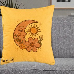 Perna Personalizata Luna si Soare Floral Boho, 40x40 cm, Galben, Husa Detasabila, Perna Inclusa, BEKZ®