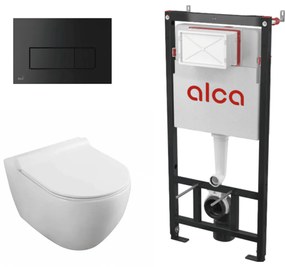 Set complet vas WC suspendat, Fluminia, Minerva Alb, cu rezervor Alca si clapeta neagra