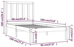 Cadru de pat Single 3FT, 90x190 cm, lemn masiv de pin Maro, 90 x 190 cm
