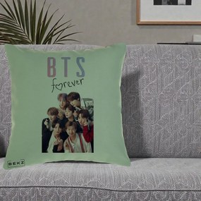 Perna Personalizata K-pop BTS Forever cu Foto Grup Negru, 40x40 cm, Verde, Husa Detasabila, Perna Inclusa, BEKZ®
