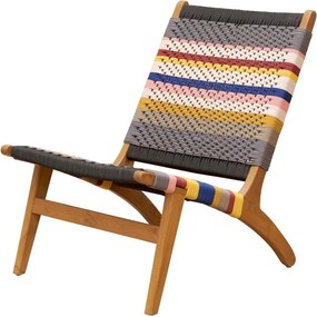 Fotoliu de relaxare multicolor din textil împletit, cu dungi galbene, albastre și roz și cadru din lemn de tec, 60×80×81 cm, „Aguayo”