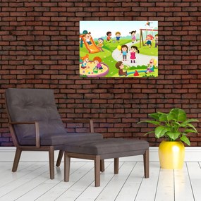 Tablou pe sticlă cu bucuriile copiilor în nisip (70x50 cm)