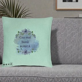 Cadou pentru Bunica - Perna Personalizata Cea Mai Buna Bunica Flori Mov Acuarela Negru, 40x40 cm, Verde Menta, Husa Detasabila, Perna Inclusa, BEKZ®