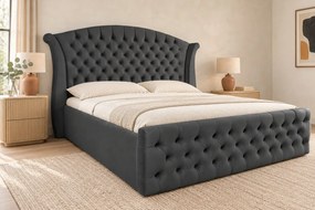 Pat tapițat Chesterfield din catifea Sorella Simple 180×200 cm, gri închis, cu ladă de depozitare