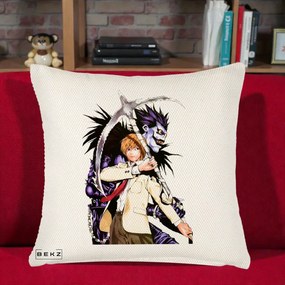 Perna Personalizata Death Note Light si Ryuk Duo, 40x40 cm, Crem Reliefat, Husa Detasabila, Perna Inclusa, BEKZ®