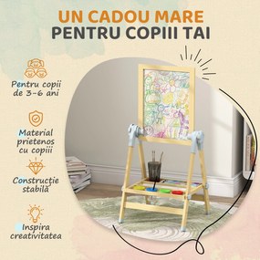 AIYAPLAY Șevalet pentru copii cu tablă dublă pentru cretă și markere, tablă magnetică și tăviță pentru accesorii, rolă de hârtie inclusă, lemn natur | Aosom Romania