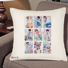 Perna Personalizata K-pop BTS Colaj 9 Fotografii Autografe Individual, 40x40 cm, Crem Reliefat, Husa Detasabila, Perna Inclusa, BEKZ®