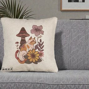 Perna Decorativa Pisica Vintage Florala Boho, 40x40 cm, Bej Canapea, Husa Detasabila, Perna Inclusa, BEKZ®