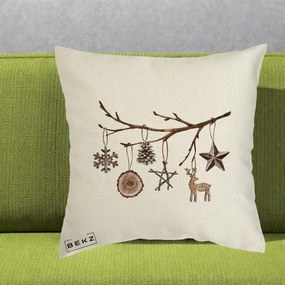 Perna Decorativa Ornamente de Lemn pe Ramura, 40x40 cm, Ecru, Husa Detasabila, Perna Inclusa, BEKZ®