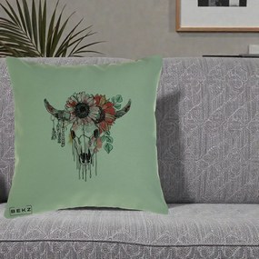 Perna Decorativa Craniu Boho Floral, 40x40 cm, Verde, Husa Detasabila, Perna Inclusa, BEKZ®