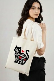 Sacosa de Panza pentru Cumparaturi, Geanta Tote, model All you need is love and a Cat, 38 x 34.5 cm, Alba, BEKZ®
