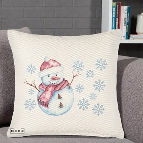 Perna Decorativa Om de Zapada Rosu cu Fulgi, 40x40 cm, Crem Reliefat, Husa Detasabila, Perna Inclusa, BEKZ®