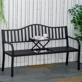 Bancă de Grădină Outsunny din Metal cu Măsuță Centrală Retractabilă, Bancă Loveseat pentru Terasă cu Șezut și Spătar cu Șipci, pentru 2–3 Persoane, Neagră | Aosom Romania