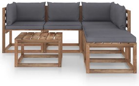 Set mobilier gradina paleti cu perne, 6 piese, lemn pin tratat Antracit, 2x colt + 2x mijloc + 2x masa, 1