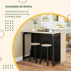 HOMCOM Set de bar 3 piese, Masă de bar cu placă pliabilă, 2 scaune de bar, 6 compartimente de stocare, negru+stejar, 116 x 70 x 89,5 cm | Aosom Romania