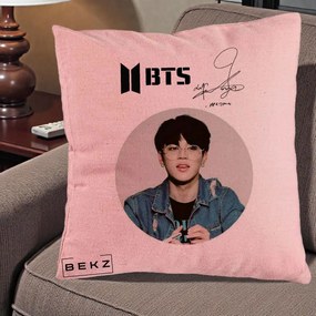 Perna Personalizata K-pop BTS Jimin Portret Cerc Autograf Geaca, 40x40 cm, Roz, Husa Detasabila, Perna Inclusa, BEKZ®