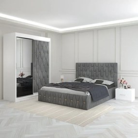 Set Mobila De Dormitor Eric Gri, Usa Tapitata, pat tapitat 160x200cm, dulap cu oglinda 150x210cm, noptiere