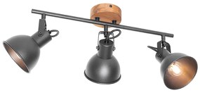 Spotlight industrial negru cu lemn inclinabil 3 lumini - Tommy